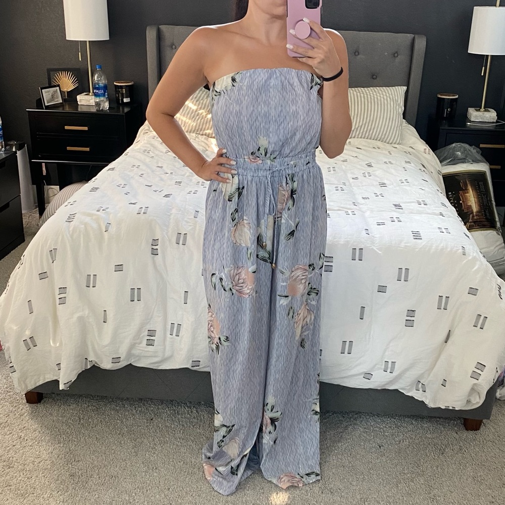 Blue Floral Strapless Jumpsuit with Tied Waist US6